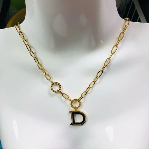 Designer Inspired Gold  Plated Black D Necklace - Picture 4 of 15